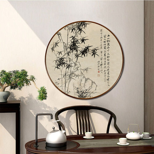 国画水墨画竹子圆形装饰画中式客厅书房玄关挂画郑板桥竹石兰蕙图