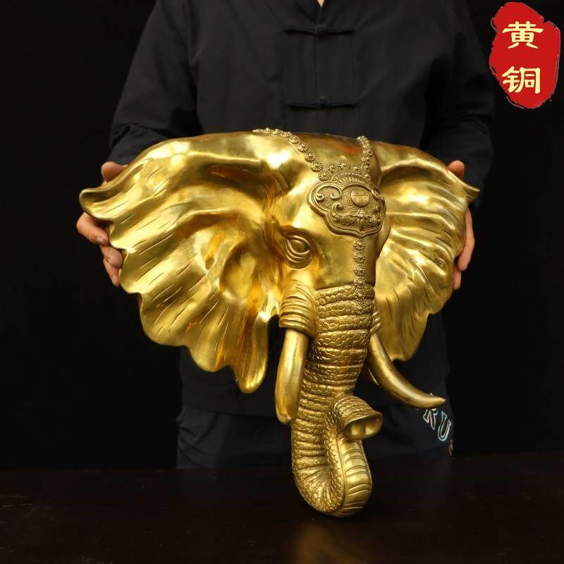 纯迁大象头狮子头酒吧装饰中式客厅体居背景乔铜立家创意壁挂件铜