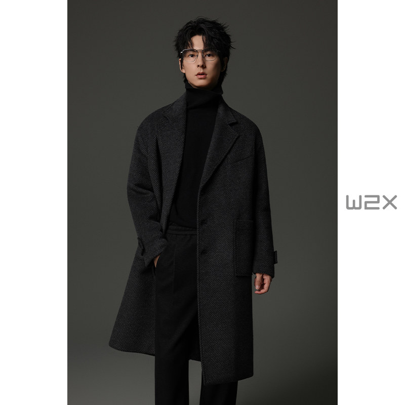 w2x冬季加厚宽松大斜纹羊毛呢毛呢大衣