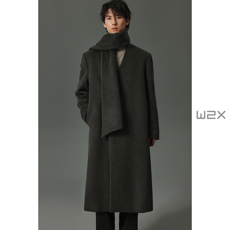 w2x2025冬季新款无领围巾毛呢大衣
