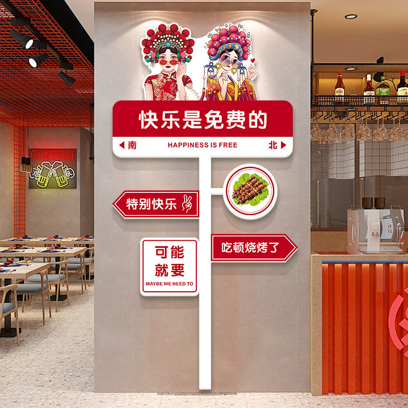 创意烧烤店墙面装饰路牌国潮风撸串麻辣烫螺蛳粉火锅店布置墙贴画