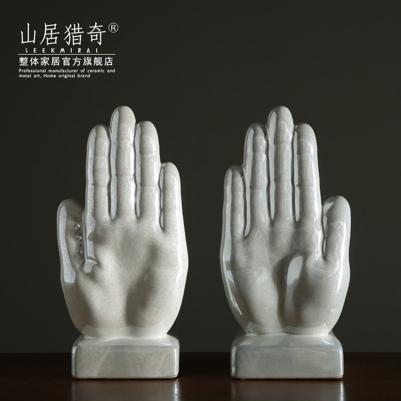 中式陶瓷手掌书靠摆件 样板间创意夹书器书立架书房书桌家居装饰
