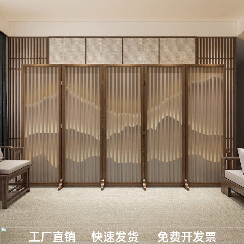 简练抽象灯光效果山水原木折叠移动屏风客厅办公室茶桌沙发背景墙