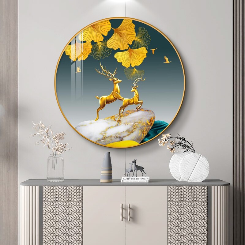 欧式玄关装饰画圆形鹿招财走廊过道挂画客厅餐厅镶钻壁画高档大气