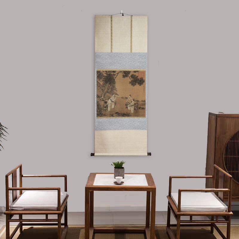茶画 茶室装饰画 古代绘画明唐寅斗茶图 宋代斗茶场景绢本复制
