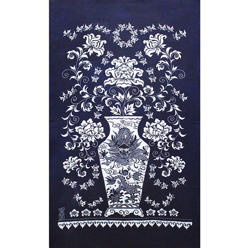 民族手工制作蜡染画富贵花瓶家居餐厅茶室装饰画台布茶几长形桌布