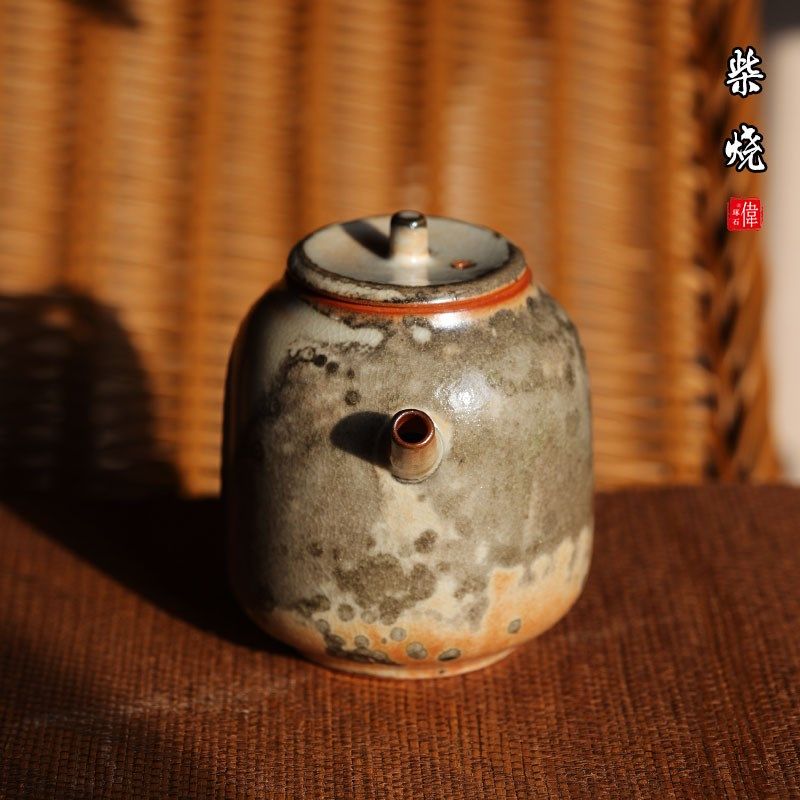 琢石柴烧手工茶壶复古水墨陶瓷茶具家用日式志野烧单壶窑变泡茶器