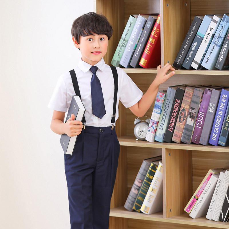 六一儿童演出服男童短白衬衫背带裤套装毕业照礼服大合唱服装夏季