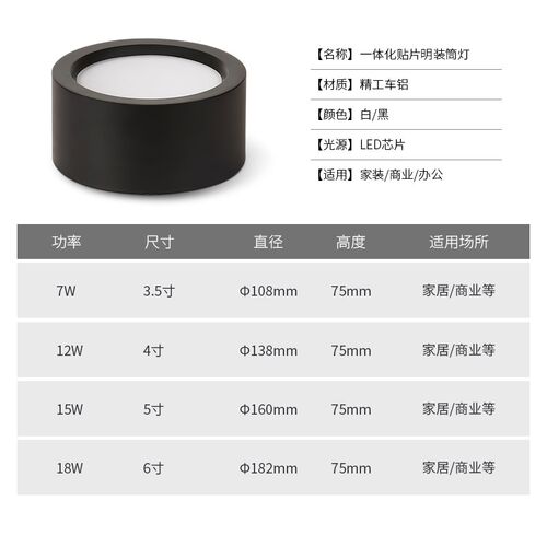 led吸顶式明装筒灯圆形免开孔商用黑色吊线射灯天花灯过道灯走廊
