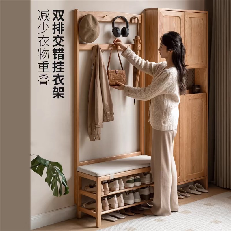 北欧工厂实木换鞋凳挂衣架一体客厅简约入户隔断家用橡木试鞋凳