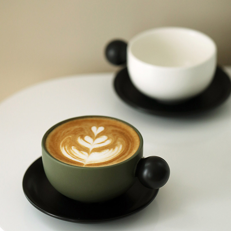 拼色小球柄大肚拉花咖啡杯套碟 家用陶瓷杯大口杯办公室马克水杯