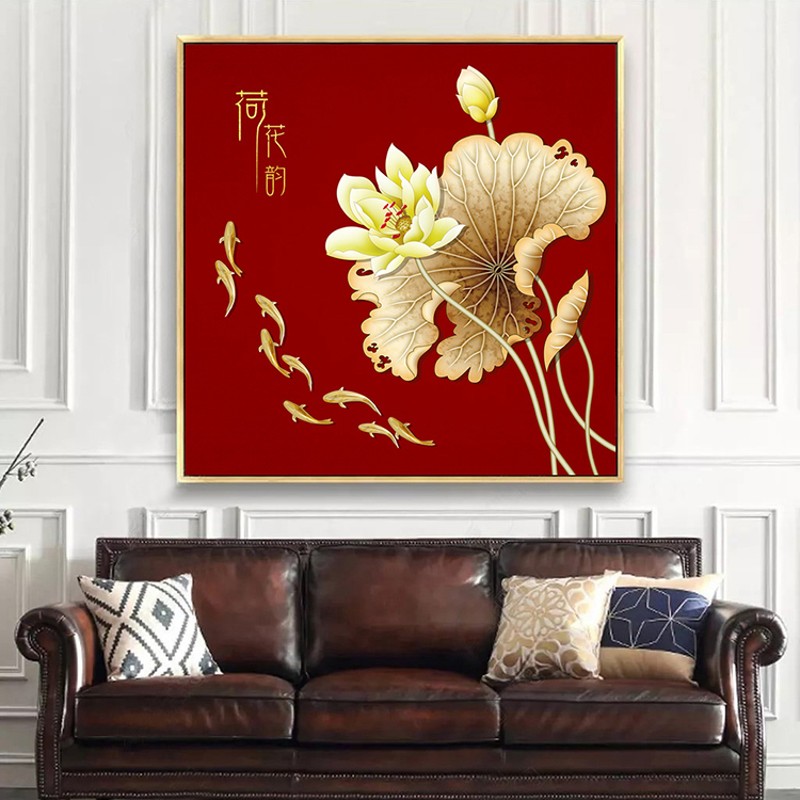 绘源梦装饰画定制 新中式起居室荷花韵装饰挂画 九鱼正方形画外框