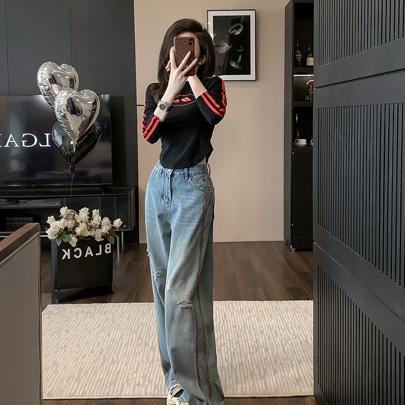 时尚休闲显瘦套装女2023年新款秋冬修身上衣搭配牛仔裤两件套洋气