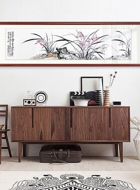 手绘中国画卧室床头客厅茶社酒店书房镜框装裱横幅对开兰花兰石图
