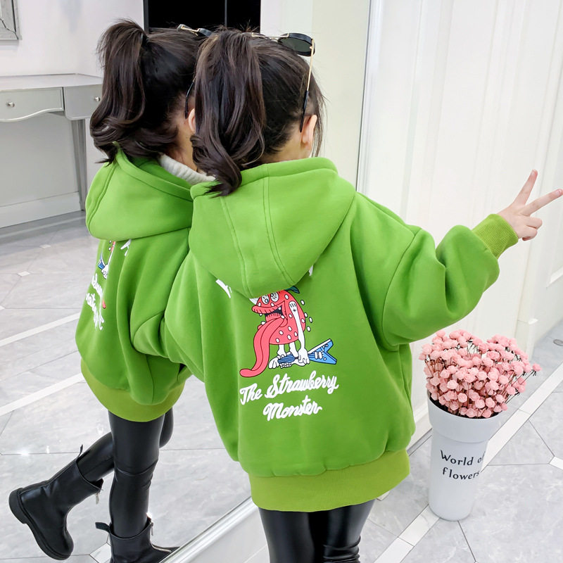 女童卫衣加绒加厚秋冬保暖开衫上衣女孩宽松连帽小孩冬天外套洋气