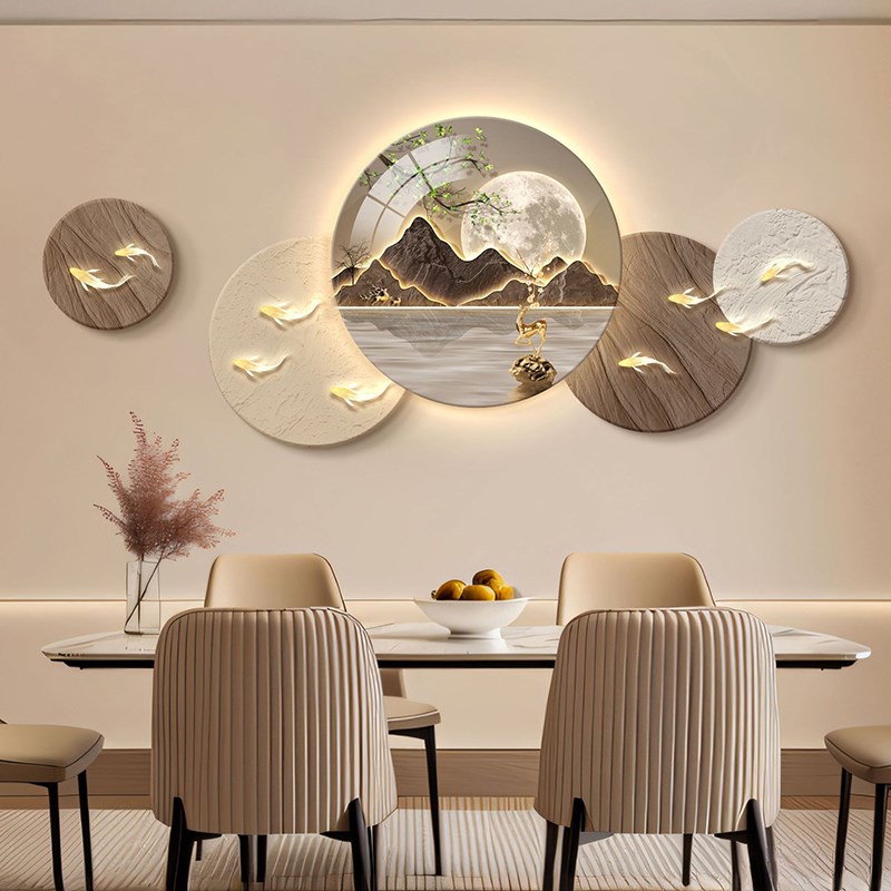 大气简约壁画led灯画餐厅装饰画新中式山水画2025新款背景墙挂画