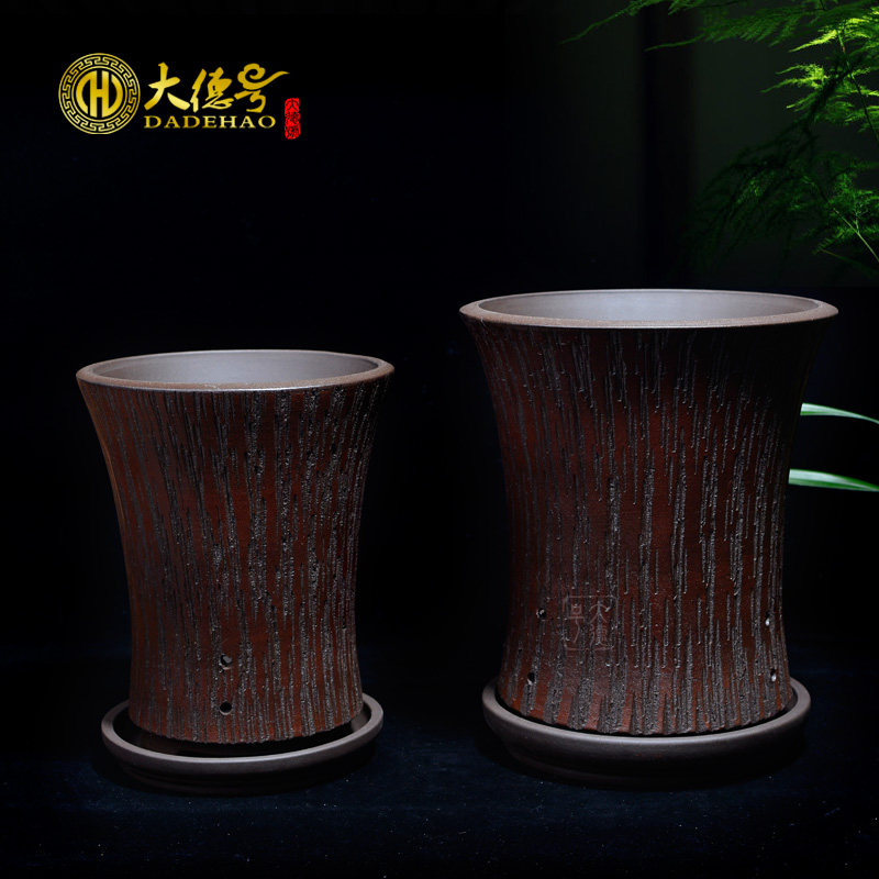 欧式粗陶紫砂花盆 君子兰花盆 宜兴创意个性大小绿植仿树桩带托盘