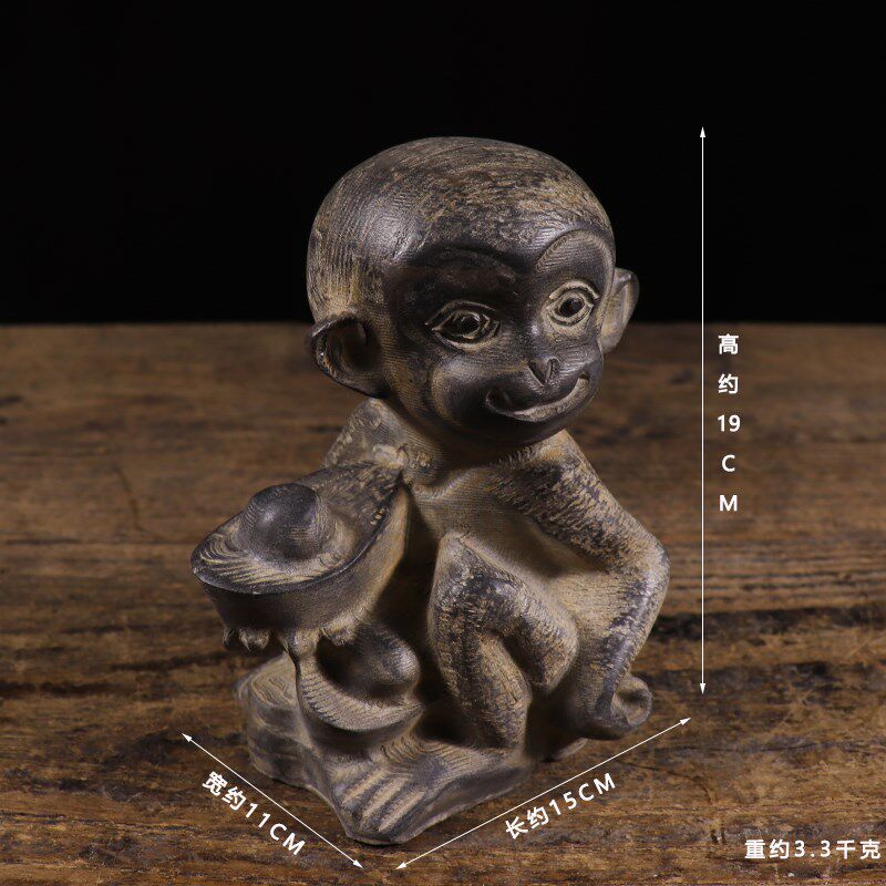仿古石雕山西青石旧石器民俗怀旧元宝石猴复古茶席案前摆件包邮