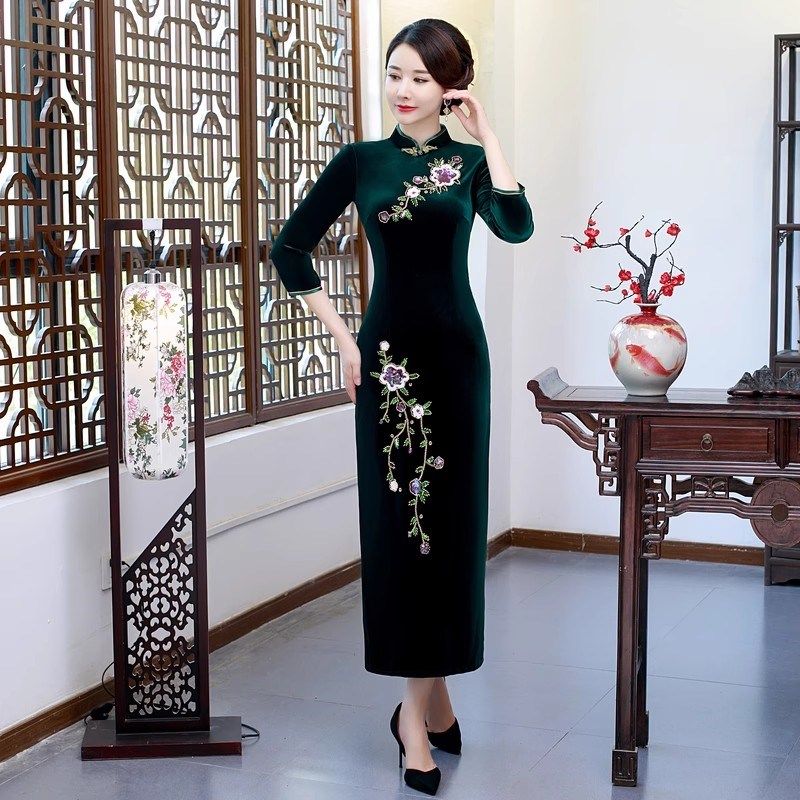 旗袍裙改良版连衣裙中年女婚礼妈妈礼服婚宴中国风高贵气质春秋款