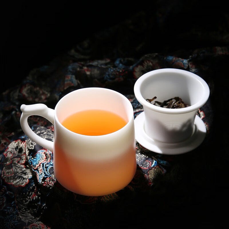 金镶玉高端陶瓷羊脂玉办公杯素烧个人泡茶杯高档会议杯带盖男士