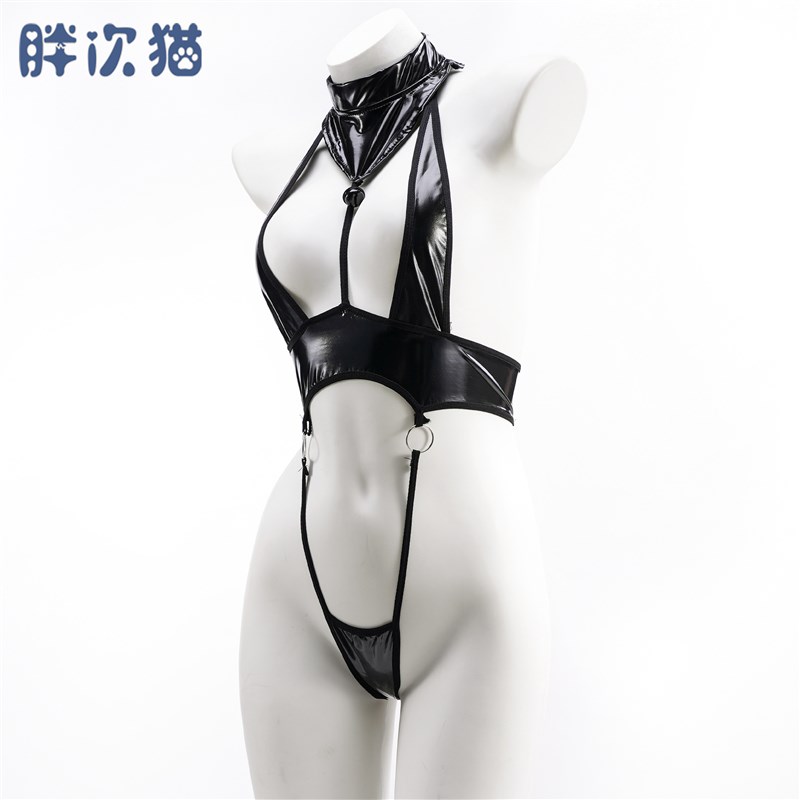 高叉漆皮亮面开胸水着 性感比基尼挂颈连身衣睡衣内衣