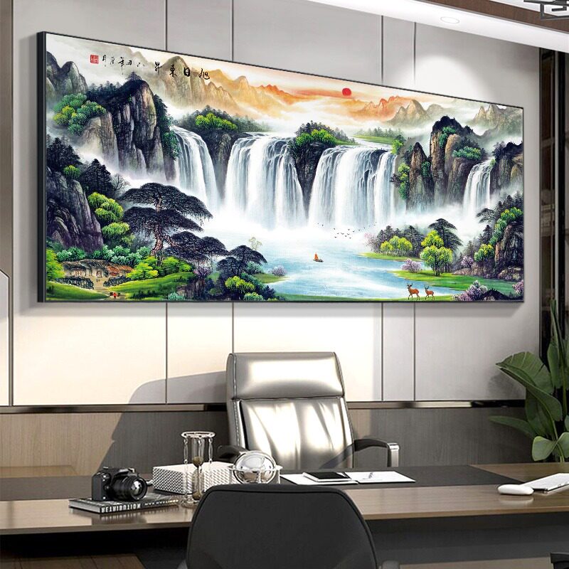 鸿运当头山水字画办公室墙面装饰画客厅沙发背景墙画挂画横幅壁画