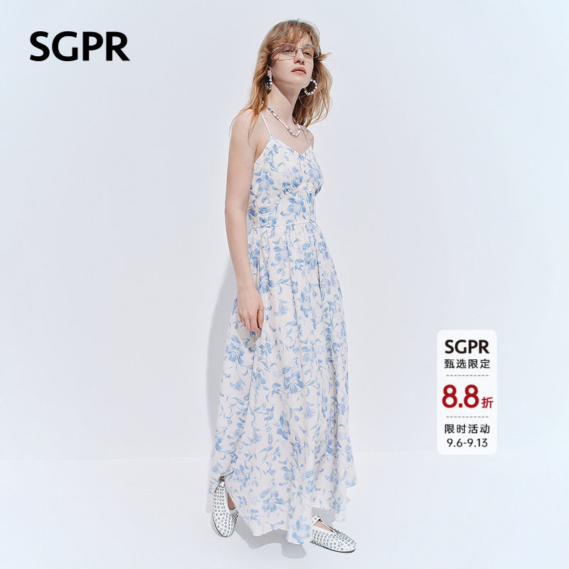 【SGPR】法式优雅感蓝色碎花吊带连衣裙26夏高腰收褶清新印花长裙