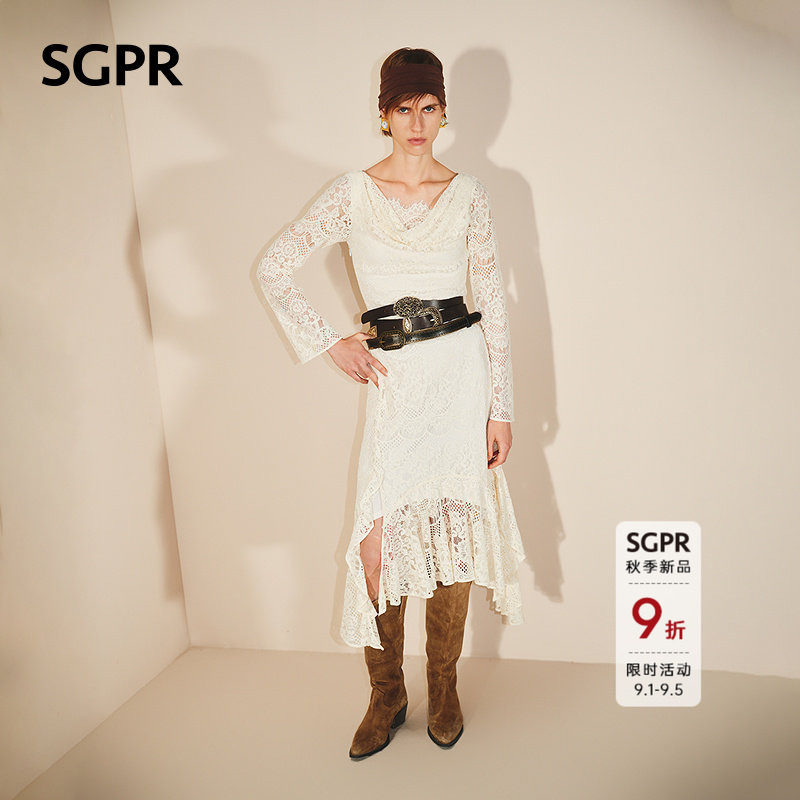 【SGPR】法式优雅荡领荷叶镂空蕾丝连衣裙26秋不规则鱼尾中长裙