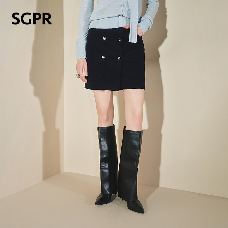 【SGPR】法式复古灯芯绒双排扣蓝黑色半身裙2026秋冬高腰显瘦短裙