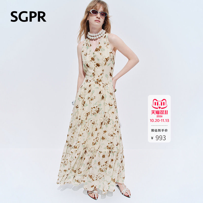 【SGPR】法式V领印花无袖收腰连衣裙26秋新款碎花雪纺层叠长裙