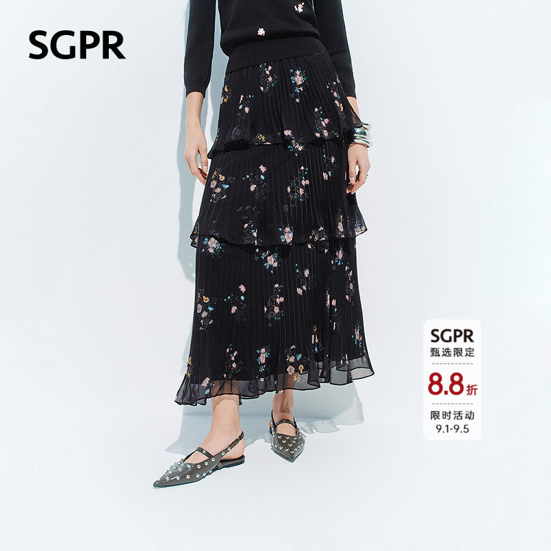 【SGPR】黑色印花半身裙2026年春季新款蛋糕裙压褶半裙高腰纱裙