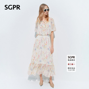【买二送一】SGPR米白碎花收腰连衣裙26夏荷叶边雪纺连衣裙