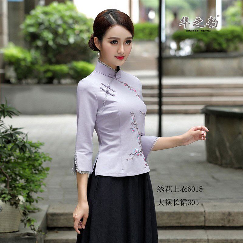 春夏季民族中国风时尚茶艺服中袖式汉服修身唐装女士改良旗袍上衣
