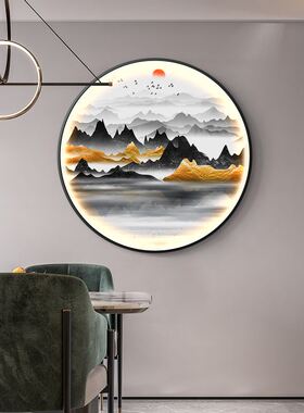 新中式入户玄关装饰画轻奢进门走廊过道背景墙挂画圆形LED带灯画