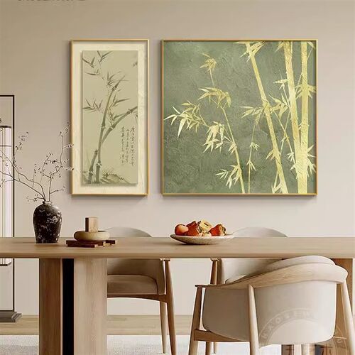 侘寂新中式餐厅装饰画中古风竹报平安饭厅餐桌背景墙挂画茶室壁画