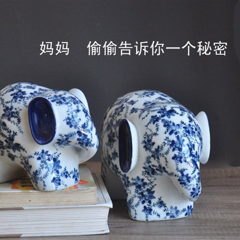 景德镇一对大象青花瓷母子象工艺品装饰家居新房陶瓷摆件北欧中式