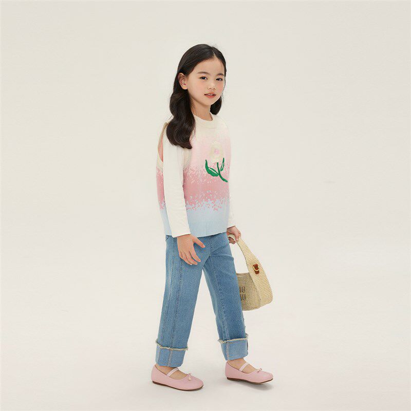 布丁哈鲁春装女童洋气针织衫2024春季新款儿童圆领撞色毛衣背心