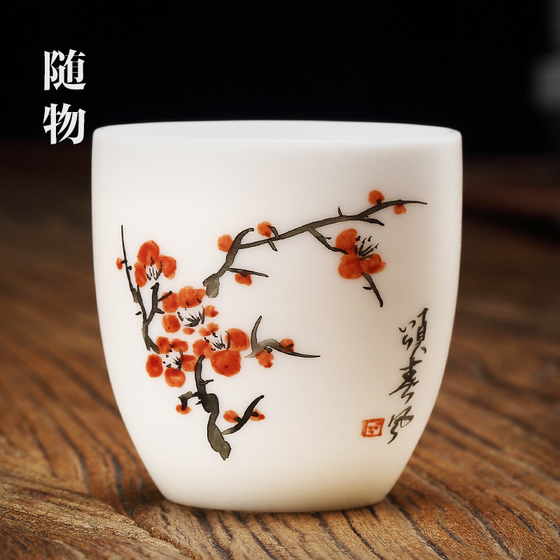 手绘羊脂玉瓷功夫茶主人杯单杯高档茶杯景德镇陶瓷个人专用白玉瓷