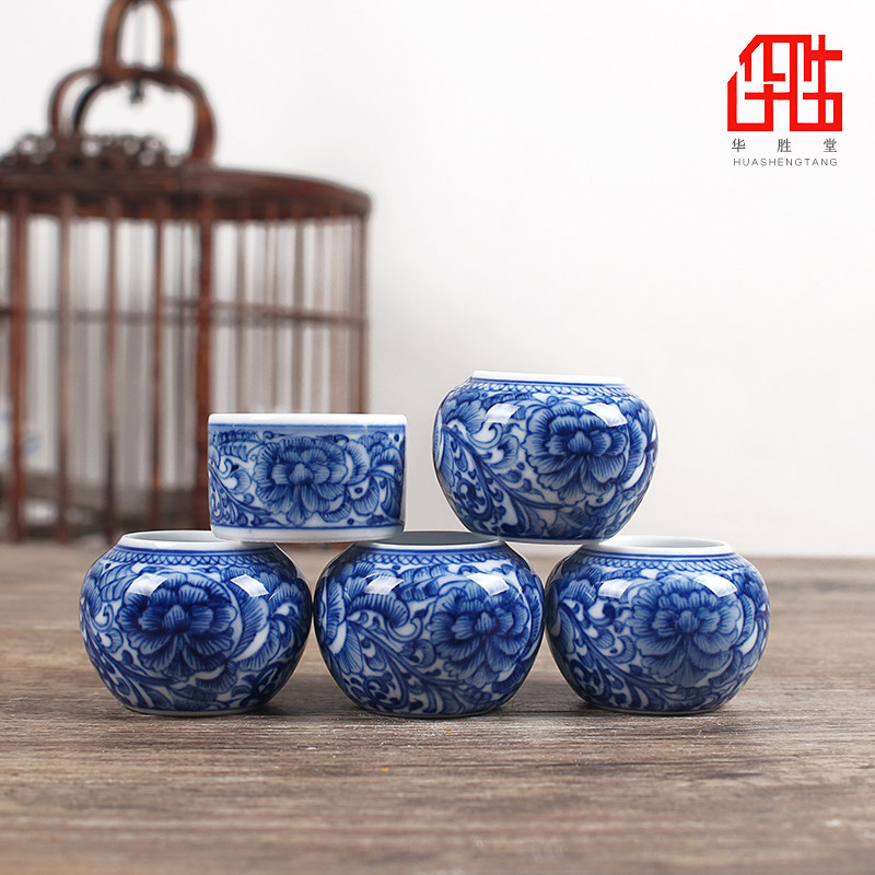 华胜堂 景德镇手绘青花缠枝牡丹红子罐鸟食罐小鸟杯水罐 鸟笼配件
