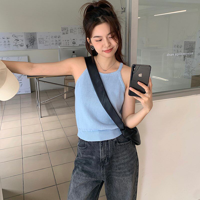 针织小吊带女2024春夏季露肩外穿内搭背心高级感港风挂脖无袖上衣