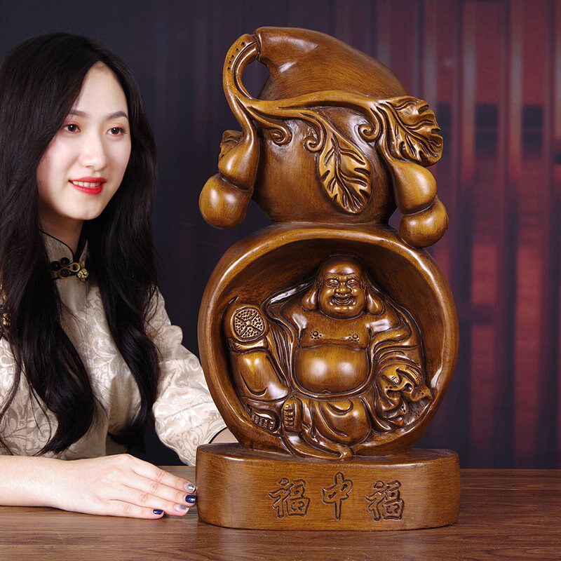 葫芦摆件实木雕弥勒佛像新中式客厅装饰工艺品送长辈创意生日礼品
