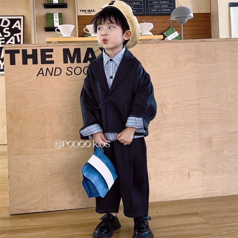 【秋季新品】韩式绑带设计师小西装套装秋冬新款舒适儿童男童洋气