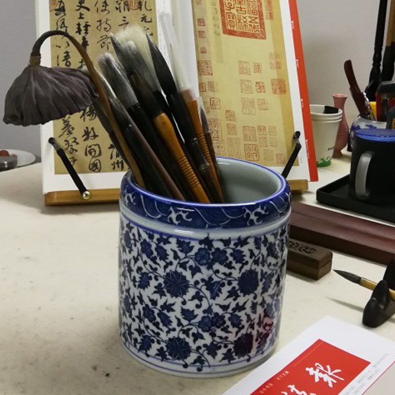 桶纳镇陶瓷笔筒收德景拔罐火罐文房加厚办公书房摆件仿古青花瓷