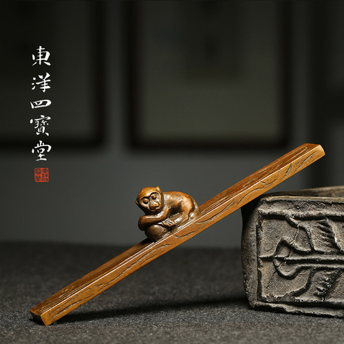 青铜器猴钮件桃镇尺 仿古书法压寿镇纸书房摆纸文房四宝赠礼收藏