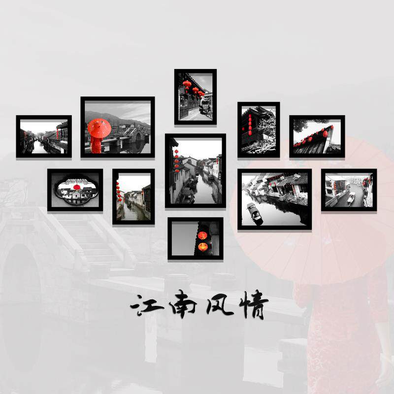 江南水乡装饰画火锅店饭店饭馆中餐馆挂画徽州老建筑黑白照片墙