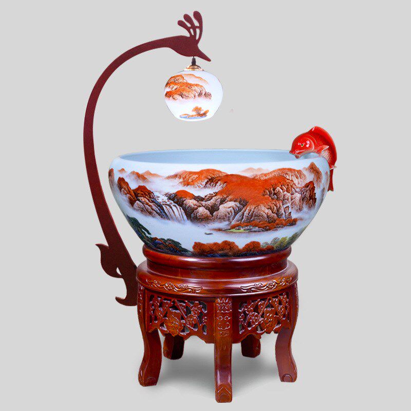 德花天下鸿运当头山水画景御镇鱼缸摆件养鱼盆客厅乌龟缸睡莲藏盆