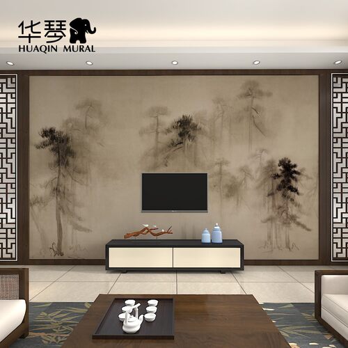 中式古风雾松图壁纸电视松景包壁画背林墙纸墙厢客厅艺术墙布定制