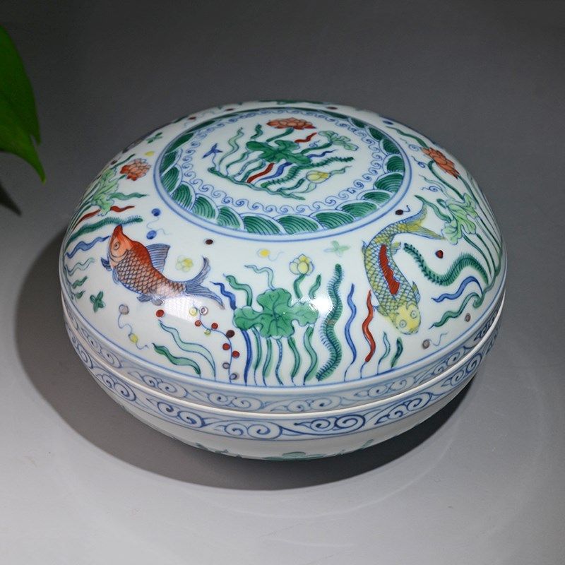 缸大号印泥空盒陶瓷手绘藻彩鱼斗果盒文房书法画篆刻印超大明成化