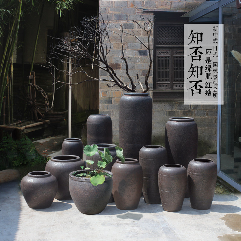 民宿手工陶瓷复瓶粗陶罐酒店茶楼落地花古庭院荷日缸坛子花式摆件