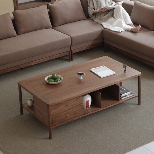 璞木新黑式中胡桃木茶几实木客厅沙发长方形茶桌茶台家用组合家具